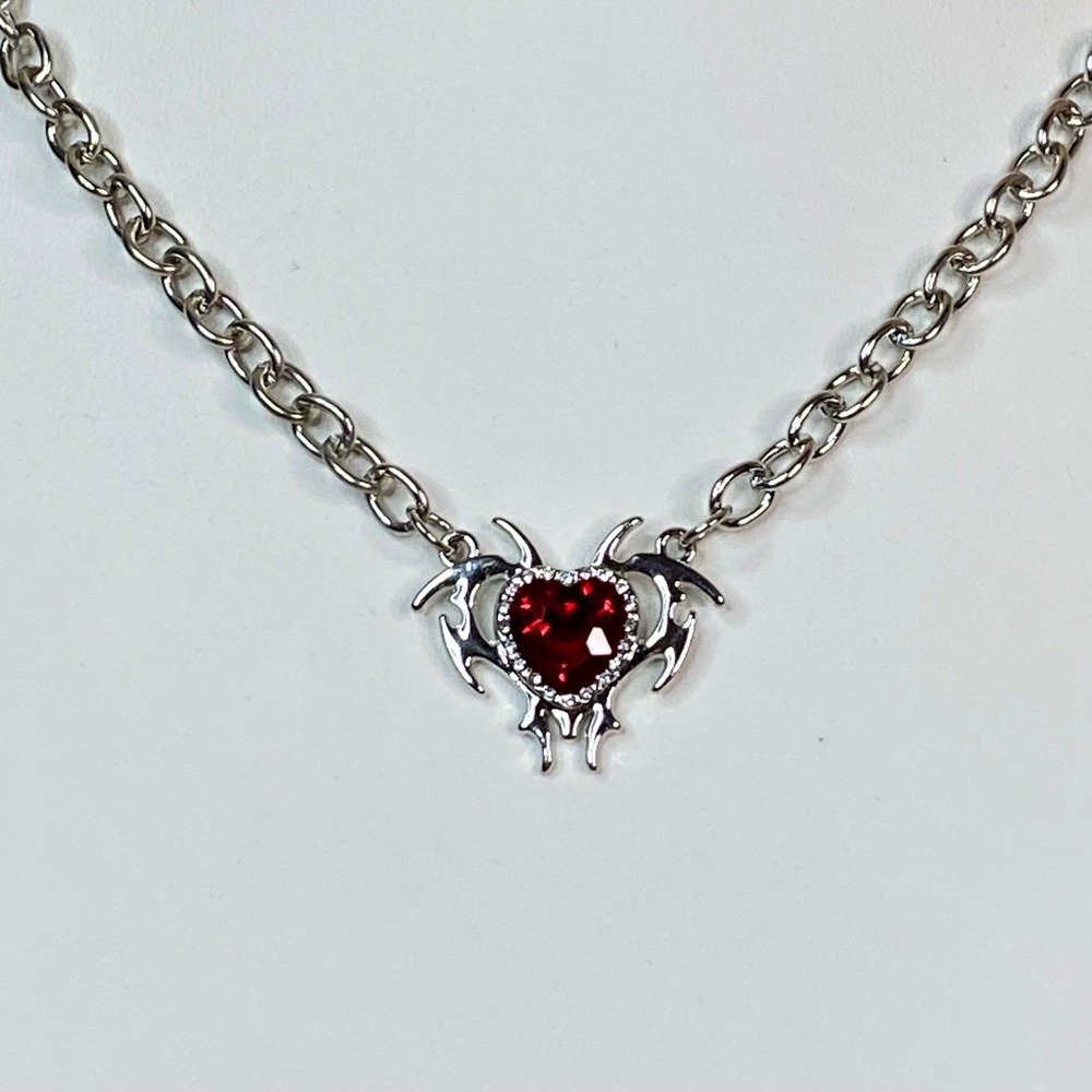 Valentine's Day Red Heart Jewel Necklace Pendant Cupid Love‎ Silvertone 16.5in